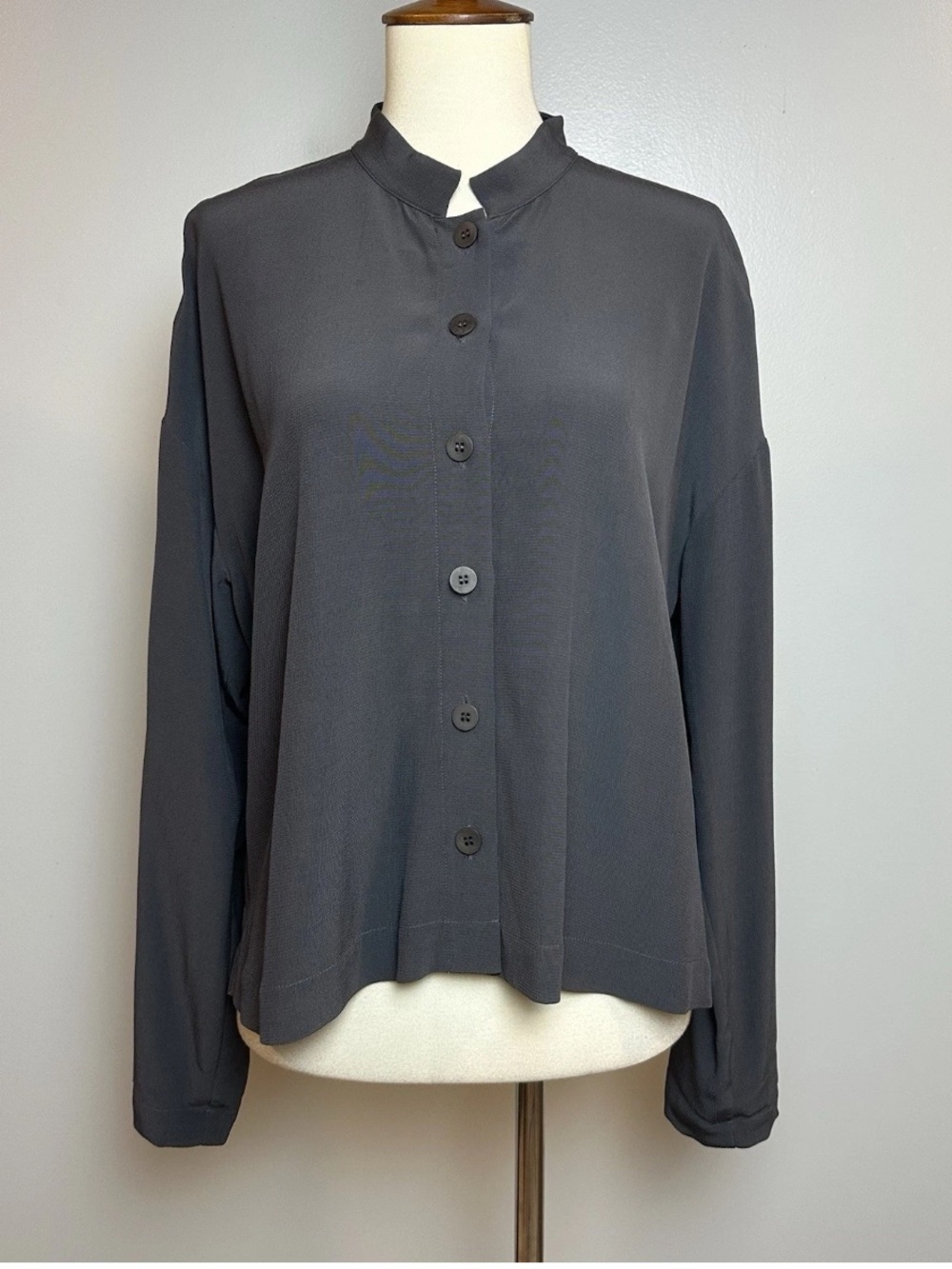 Eileen Fisher Mandarin Collar Button Front Blouse Gray Boxy Minimalist